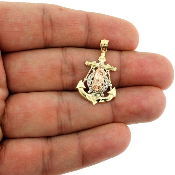 10K Real Gold Rope Chain and Virgin Mary Anchor Cross Pendant Set - Picture 2 of 9